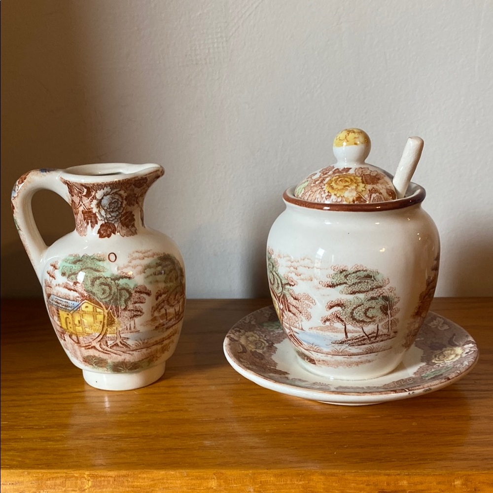 Nasco Mountain Woodland Sugar Dish with Lid and Spoon and Creamer Set